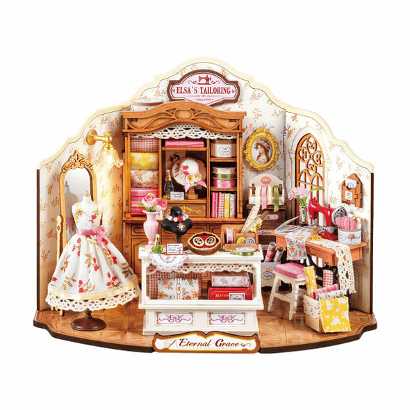 OakridgeStores.com | ROBOTIME - Elsa's Tailoring - DIY Miniature House Kit - 1:18 Scale Dollhouse Miniature - DG178 6946785125290