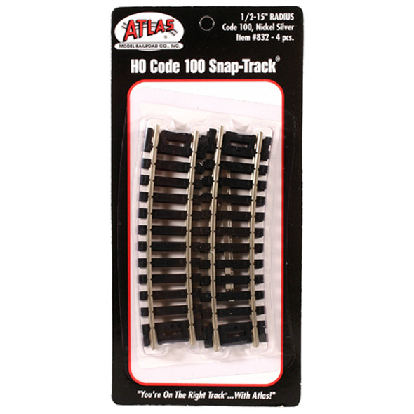 ATLAS - HO Scale Code 100 Model Railroad (NickelSilver Black Ties) Track 15 Inch Radius Half Curve - 4 Pieces (832) 732573008328