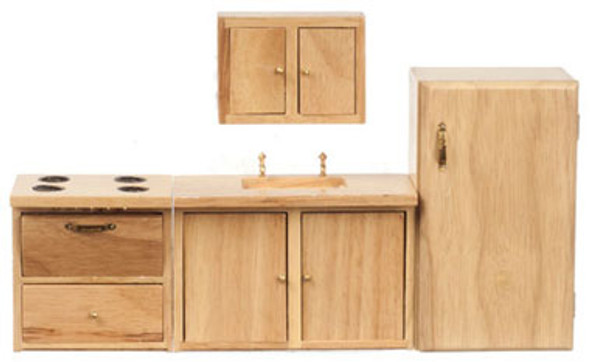 AZTEC - 1 Inch Scale Dollhouse Miniature Kitchen Furniture - 4 Piece Oak Modern Kitchen Set (AZ03778) 717425000217