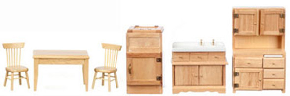 AZTEC - Furniture Kitchen Set, Oak, 6 pieces - 1 Inch Scale Dollhouse Miniature (D0144) 717425001443