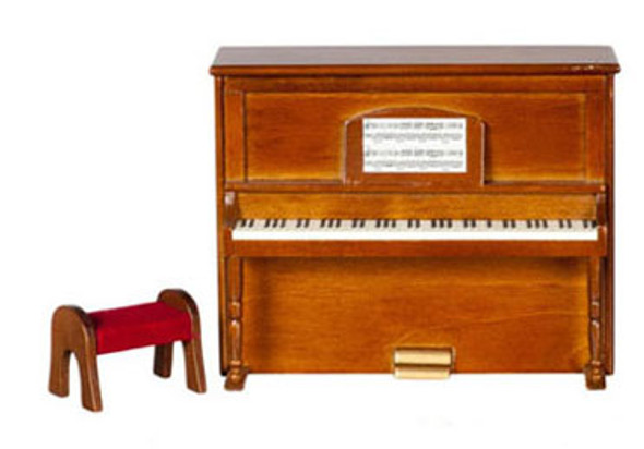 AZTEC - Furniture Upright Piano and Stool - Walnut - 1 Inch Scale Dollhouse Miniature (D2754) 717425027542