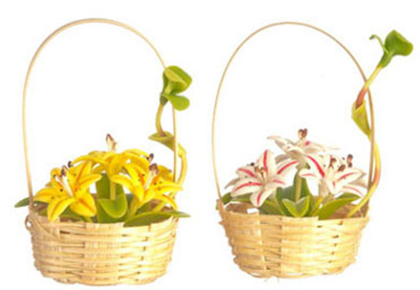 AZTEC - Hand Made Flower Basket with Lilies- 2 pieces - 1 Inch Scale Dollhouse Miniature (G7863) 717425778635