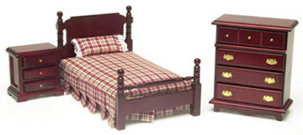 AZTEC - 1 Inch Scale Dollhouse Miniature Bedroom Furniture - Bed Set 3 pcs Mahogany (AZT0505) 717425505002