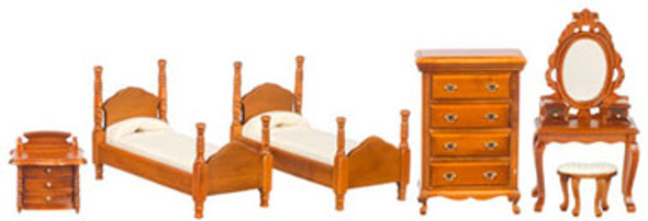 AZTEC - 1 Inch Scale Dollhouse Miniature Bedroom Furniture - Twin Bedroom Set Walnut 6 pcs (AZT6669) 717425566690