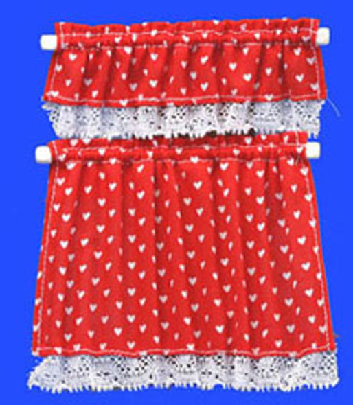 BARBARA O'BRIEN - 1" Scale Dollhouse Miniature - Cottage Curtains, Nursery Hearts, Red (50416) 731851504163