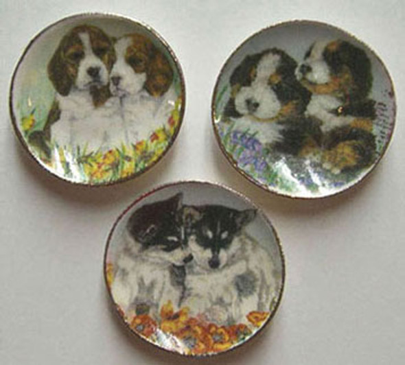 BY BARB - 1" Scale Dollhouse Miniature - 3 Puppy Plates (CDD267)