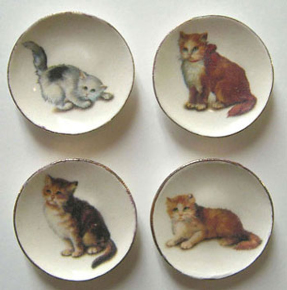 BY BARB - 1" Scale Dollhouse Miniature - 4 Laying & Sitting Cat Plates (CDD304)