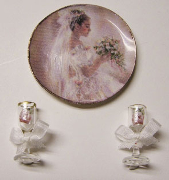 BY BARB - 1" Scale Dollhouse Miniature - Bride Platter & Wine Goblets (CER140)