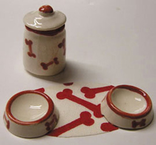 BY BARB - 1" Scale Dollhouse Miniature - Pet Bowls, Cannister & Mat, Red (CER152R)