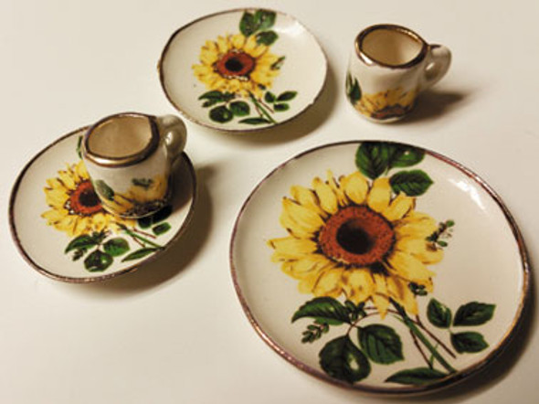 BY BARB - 1" Scale 2 Dinner and Mugs with Tray Sunflower Dollhouse Miniature (CER169SUN)