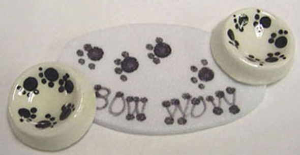 BY BARB - 1" Scale Dollhouse Miniature - 2-Dog Bowls & Mat (CER38)