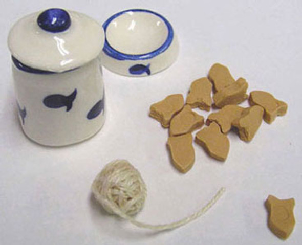 BY BARB - 1" Scale Dollhouse Miniature - Cat Bowl, Canister, Toy & Treats (CER62)