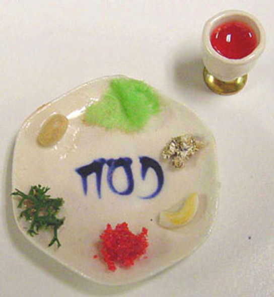 BY BARB - 1" Scale Dollhouse Miniature - Sedar Plate with Food & Filled Goblet (JPO30)