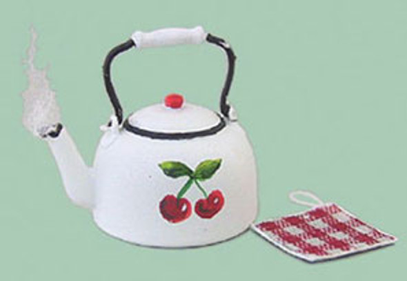 CARRUDUS - 1 Inch Scale Dollhouse Miniature - Teakettle With Cherries And Potholder (CAR1552)