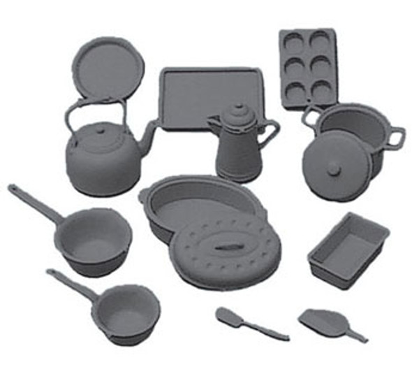 CHRYSNBON - 1 Inch Scale Dollhouse Miniature - Cookware Kit Black 14 pcs Plastic (CB2213) 749939402430