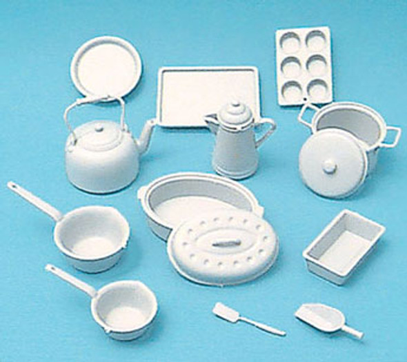 CHRYSNBON - 1 Inch Scale Dollhouse Miniature - Cookware Kit White 14 pcs Plastic (CB2214) 749939402447