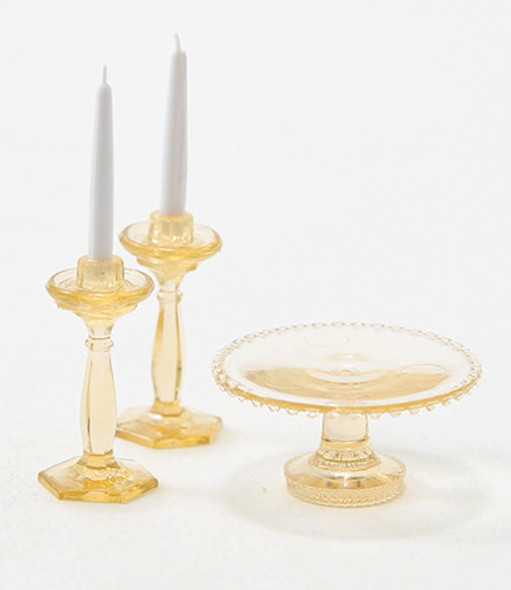 CHRYSNBON - 1 Inch Scale Dollhouse Miniature - Cake Plate With 2 Candlesticks Amber (CB70A) 749939403413