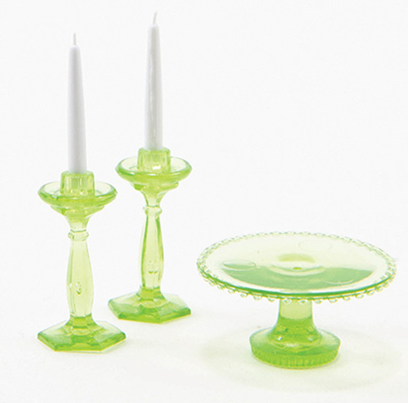 CHRYSNBON - 1 Inch Scale Dollhouse Miniature - Cake Plate With 2 Candlesticks Green (CB70G) 749939403437