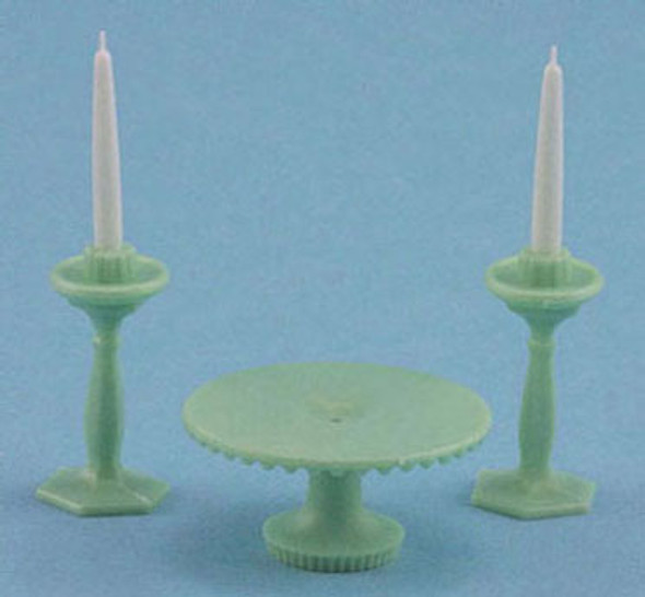CHRYSNBON - 1 Inch Scale Dollhouse Miniature - Cake Plate With 2 Candlesticks Jadite (CB70J) 749939403444