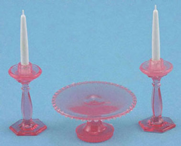 CHRYSNBON - 1 Inch Scale Dollhouse Miniature - Cake Plate With 2 Candlesticks Pink (CB70P) 749939403451