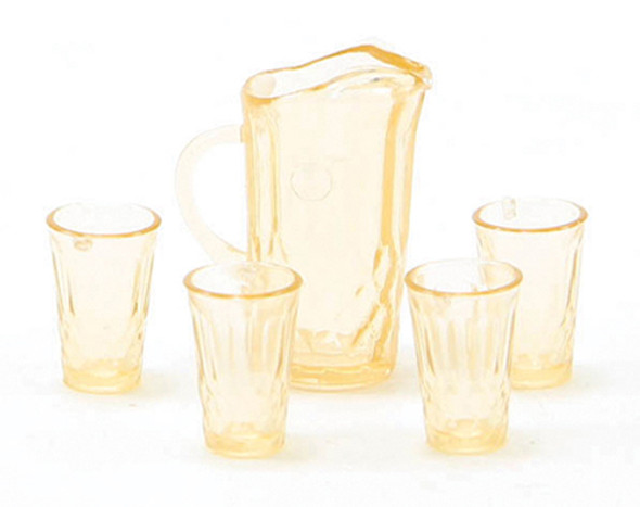 CHRYSNBON - 1 Inch Scale Dollhouse Miniature - Pitcher With 4 Glasses Amber (CB88A) 749939403529