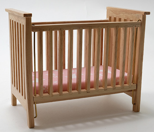 CLASSICS - 1" Scale Slatted Nursery Crib Oak with Pink Fabric Dollhouse Miniature (10607) 731851106077