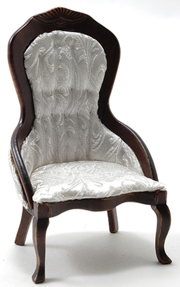 CLASSICS - 1" Scale Victorian Lady's Chair Walnut White Brocade Fabric Dollhouse Miniature (10972) 731851109726