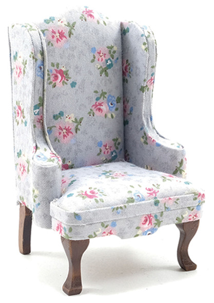 CLASSICS - 1" Scale Chair Walnut with Gray Floral Fabric Dollhouse Miniature (10997)