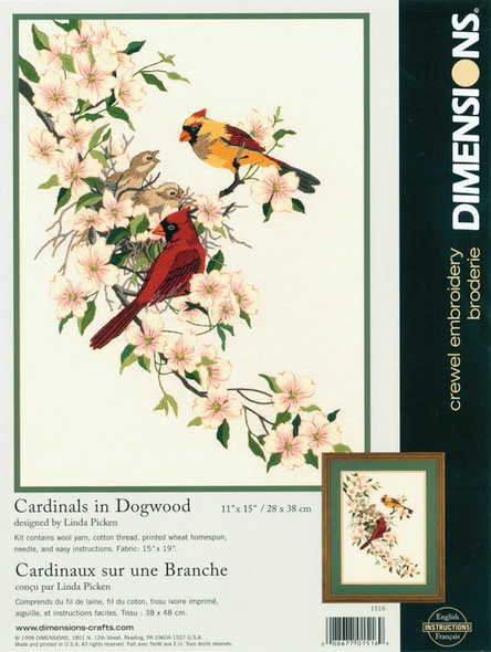 DIMENSIONS - Cardinals In Dogwood Crewel Kit-11"X15" Stitched In wool & thread (1516) 088677015169