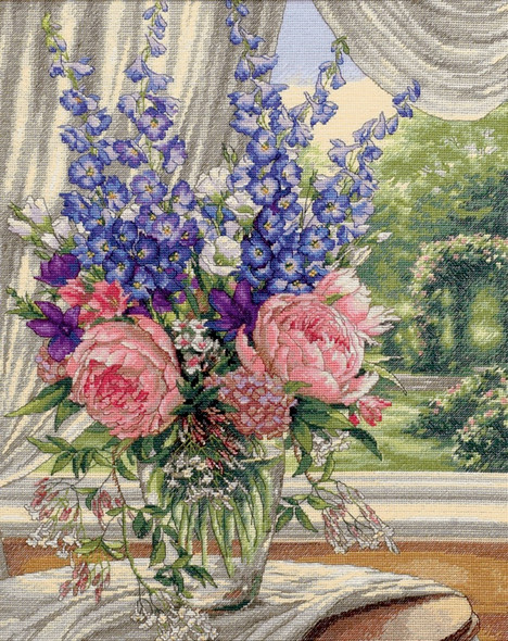 DIMENSIONS - Gold Collection Peonies/Delphiniums Counted Cross Stitch Kit-12"x15" 18 count (35257) 088677352578