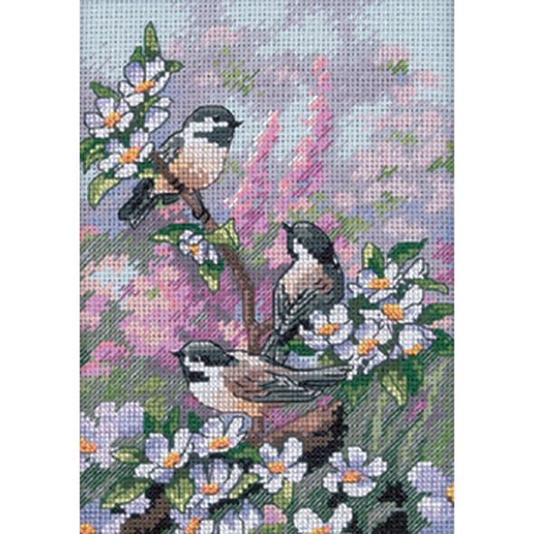 DIMENSIONS - Gold Petite Chickadees In Spring Counted Cross Stitch Kit-5"x7" 16 count (6884) 088677068844