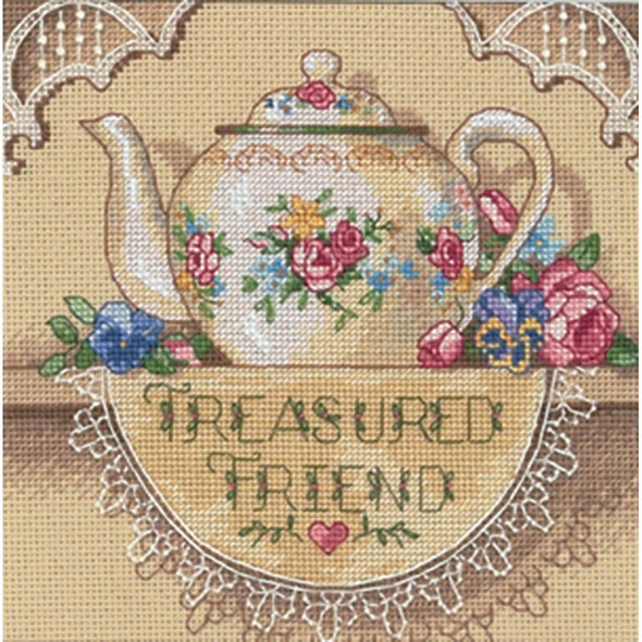 DIMENSIONS - Gold Petite Treasured Friend Teapot Counted Cross Stitch Kit-6"x6" 18 count (6904) 088677069049