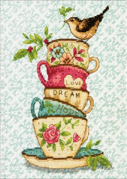 DIMENSIONS - Susan Winget Stacked Tea Cups Counted Cross Stitch Kit - 5"X7" 18 Count (70-65171) 088677651718