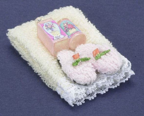 FALCON - Miniature Towel Set, Beige, With Lotion and Slippers for 1" Scale Dollhouse Miniature (FCA2369)