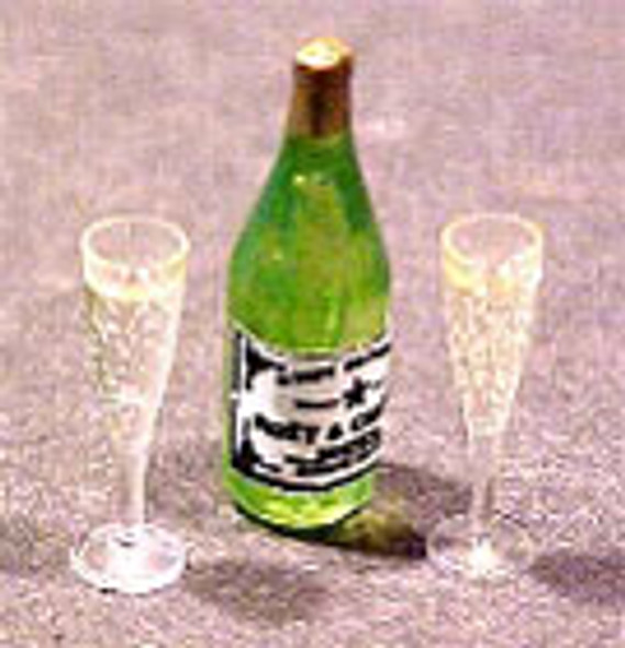HUDSON RIVER - 1 Inch Scale Dollhouse Miniature - Champagne Bottle With 2 Filled Fluted Glasses (HR60010)