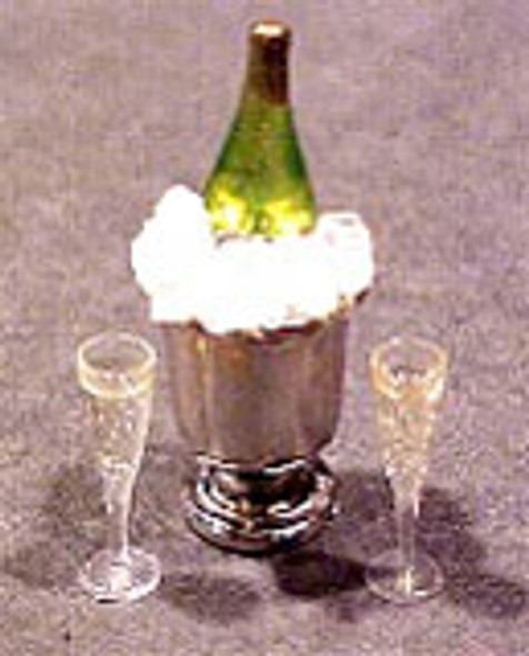 HUDSON RIVER - 1 Inch Scale Dollhouse Miniature - Champagne Bottle In Ice Bucket With 2 Filled Glasses (HR60011)