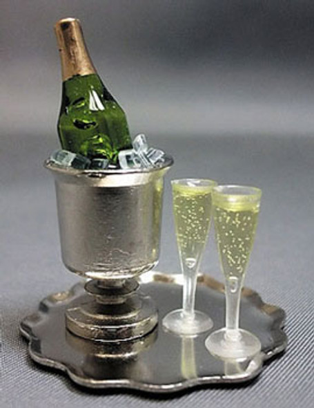 HUDSON RIVER - 1" Scale Dollhouse Miniature - Champagne Bucket Tray-with Champagne, Ice & Flutes (60016)