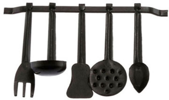 INTERNATIONAL MINIATURES - 1" Scale Dollhouse Miniature - 5 Black Utensils with Hanging Rod (65070) 731851650709