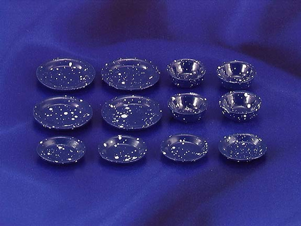 INTERNATIONAL MINIATURES - 1 Inch Scale Dollhouse Miniature - Blue Enamelware Dishes 12 pcs (IM65300) 731851653007