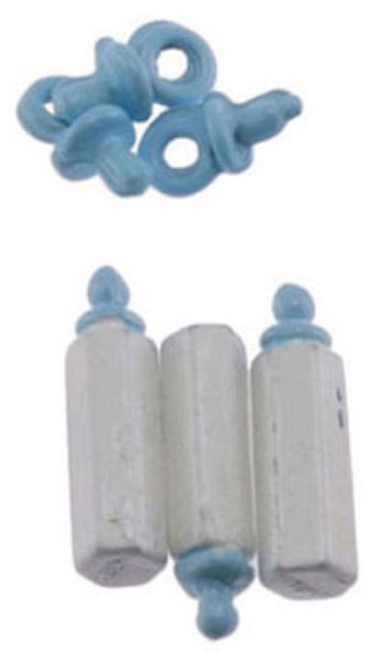 INTERNATIONAL MINIATURES - 1" Scale Dollhouse Miniature - Blue Baby Bottles and Pacifiers Set 6 Piece (65496) 731851654967
