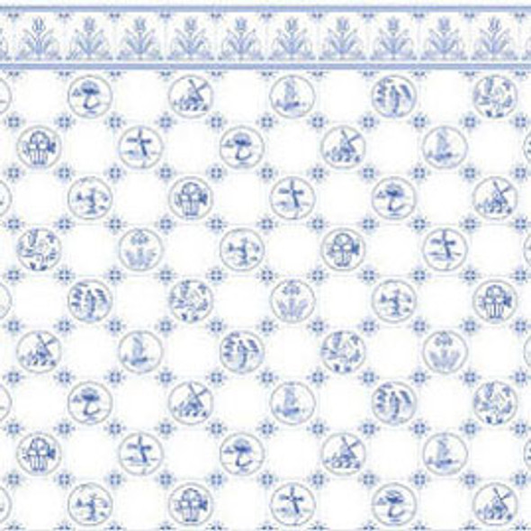 JACKSON MINIATURES - 1/2 Scale Wallpaper - Dutch Tile Blue on White (SOLD AS 3 PIECES) Dollhouse Miniature (S03)