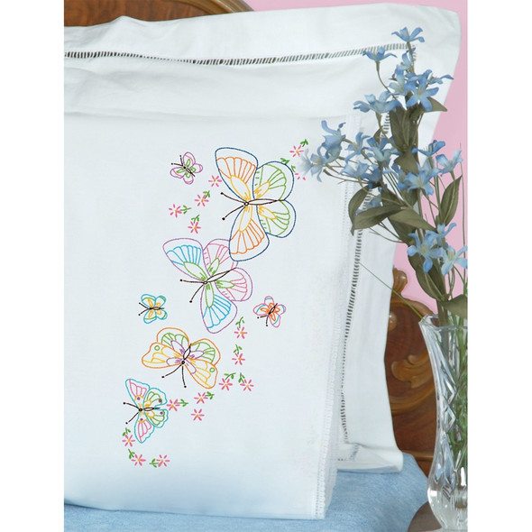 JACK DEMPSEY - Stamped Pillowcases With White Lace Edge 2/Pkg - Fluttering Butterflies (1800 143) 013155871432