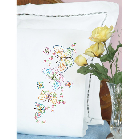 JACK DEMPSEY - Stamped Pillowcases With White Perle Edge 2/Pkg - Fluttering Butterflies (1600 143) 013155851434