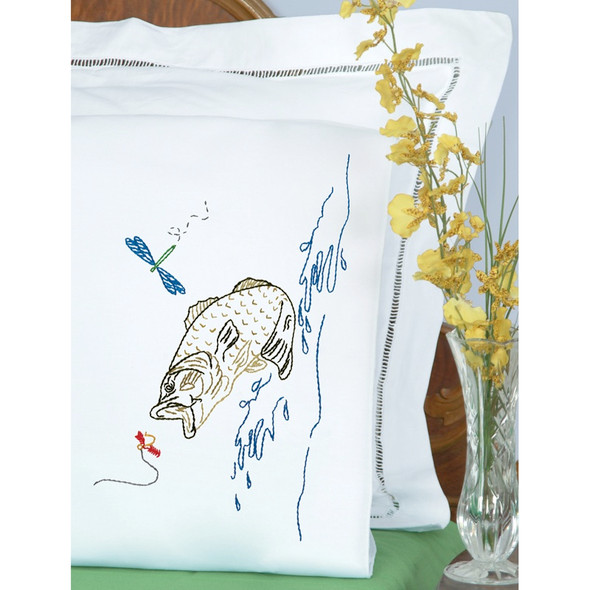 JACK DEMPSEY - Stamped Pillowcases With White Perle Edge 2/Pkg - Fish (1600 498) 013155854985