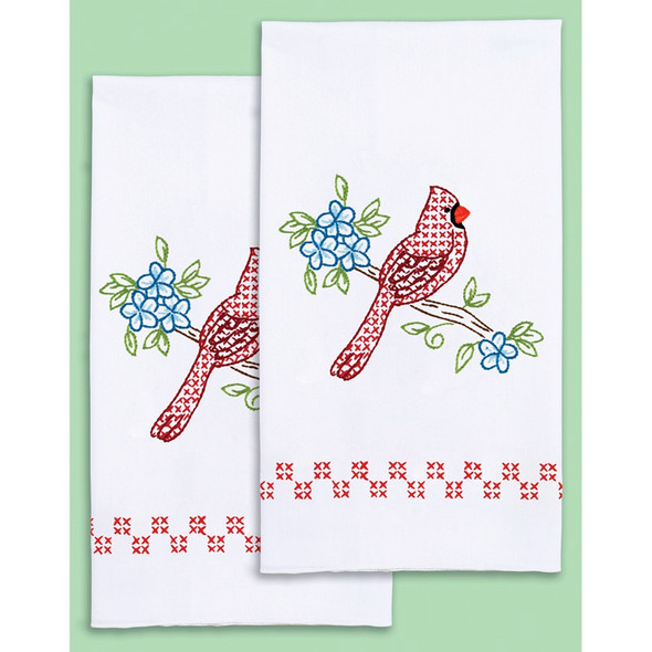 JACK DEMPSEY - Stamped White Decorative Hand Towel Pair 17"X28" - Cardinal (320 712) 013155027129