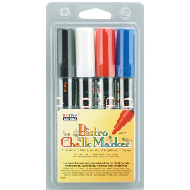 UCHIDA - Bistro Chalk Marker 6mm Point Set 4/Pkg-Black, Red, Blue & White (480-4C) 028617481517