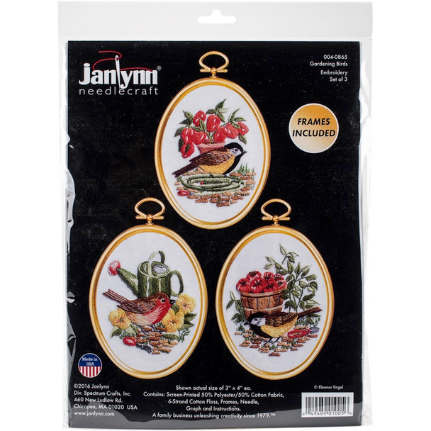 JANLYNN - Gardening Birds Embroidery Kit Set Of 3-3"X4" Stitched in floss (4-0865) 049489010056