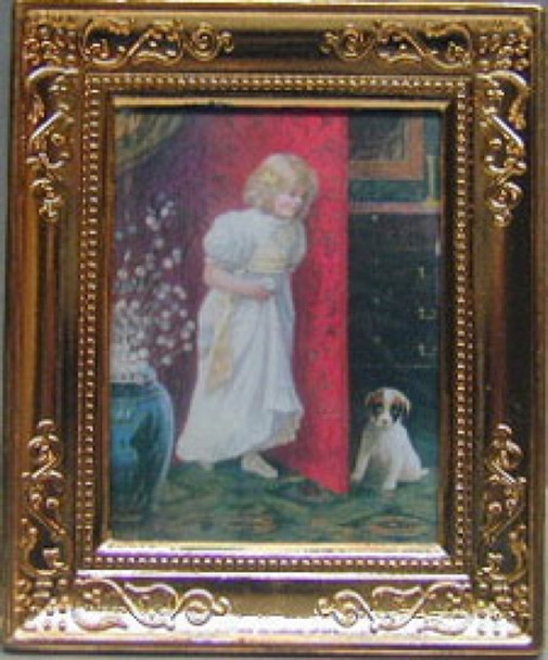 NEW CREATIONS - 1" Scale Dollhouse Miniature - Girl and Dog Metal Frame (RA0190)