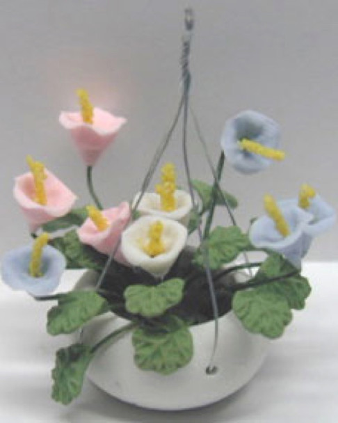 NEW CREATIONS - 1" Scale Dollhouse Miniature - Hanging White Pot with Pink Blue and White Lilys (RP1211)