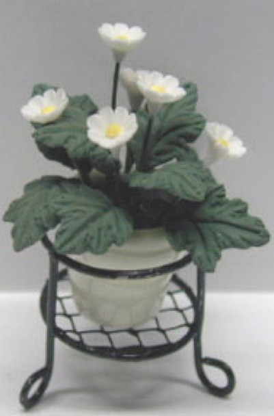 NEW CREATIONS - 1" Scale Dollhouse Miniature - White Flowers in White Pot Set in Wire Floor Container. 2 1/8 (RP30265-1)